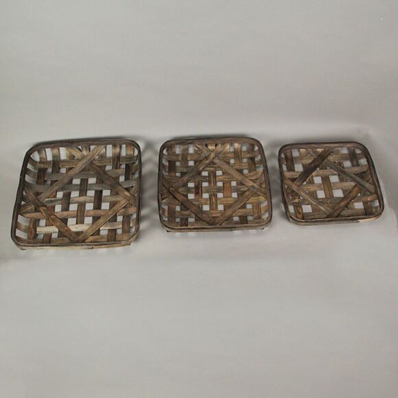 Square Woven Chipwood Tobacco Basket Tray Decorative Serving Display Set of 3 - Picture 2 of 4